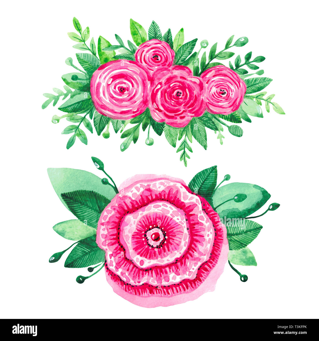Flowers watercolor illustration Set of Red pink flowers and green