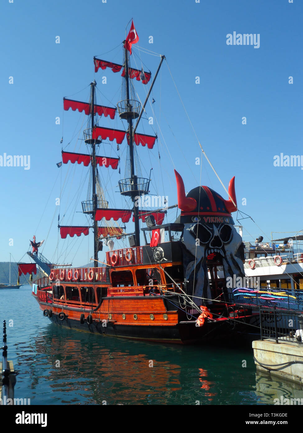 A Turkish gulet decked out as a pirate ship for tourist day trips, Marmaris, Turkey Stock Photo