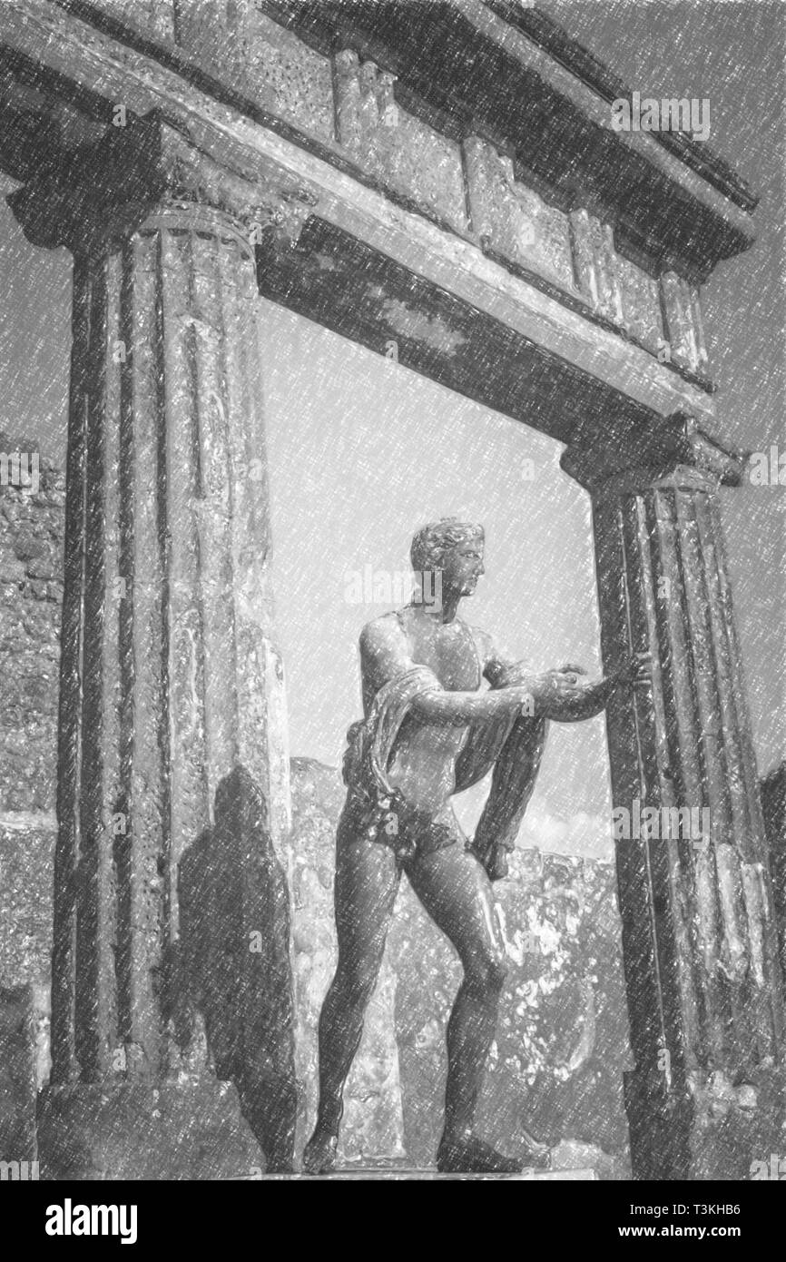 Pencil drawing of Pompeii, ancient roman statue of apollo Stock Photo
