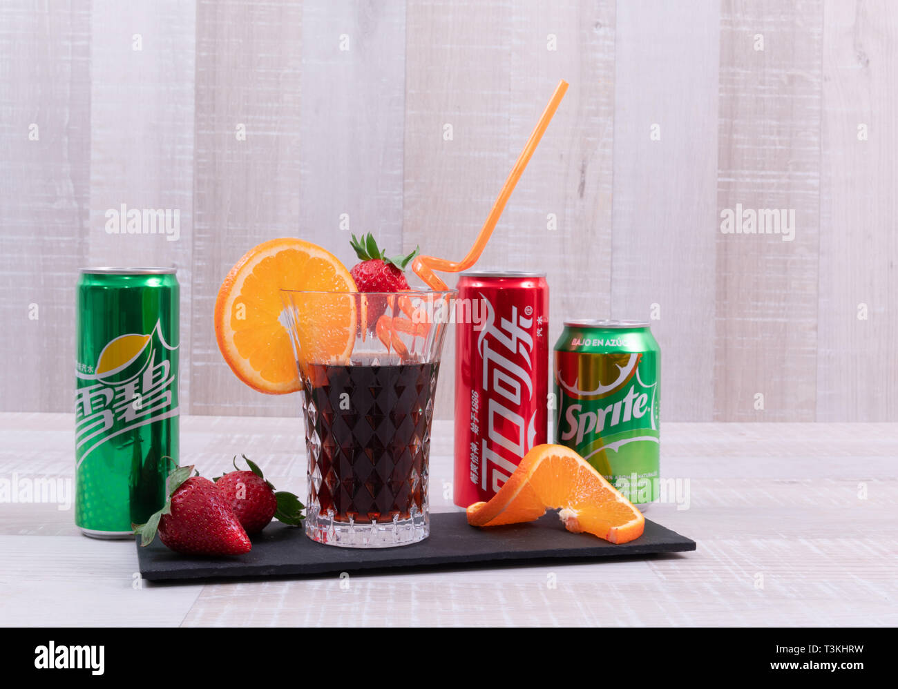 Peniscola,Castellon,Spain april 09 2019 various cans of beverage