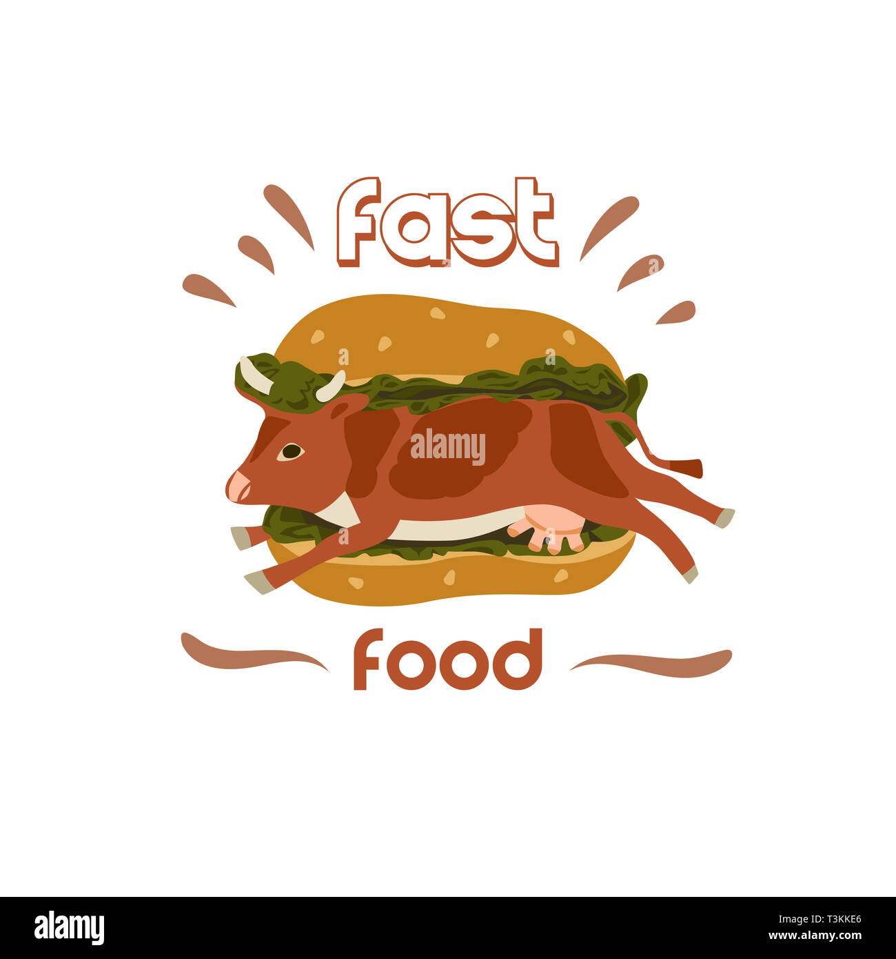 Fast food. Burger with beef and lettuce. Protest of vegetarianism. Animal protection concept. Flat illustration with text. Stock Photo