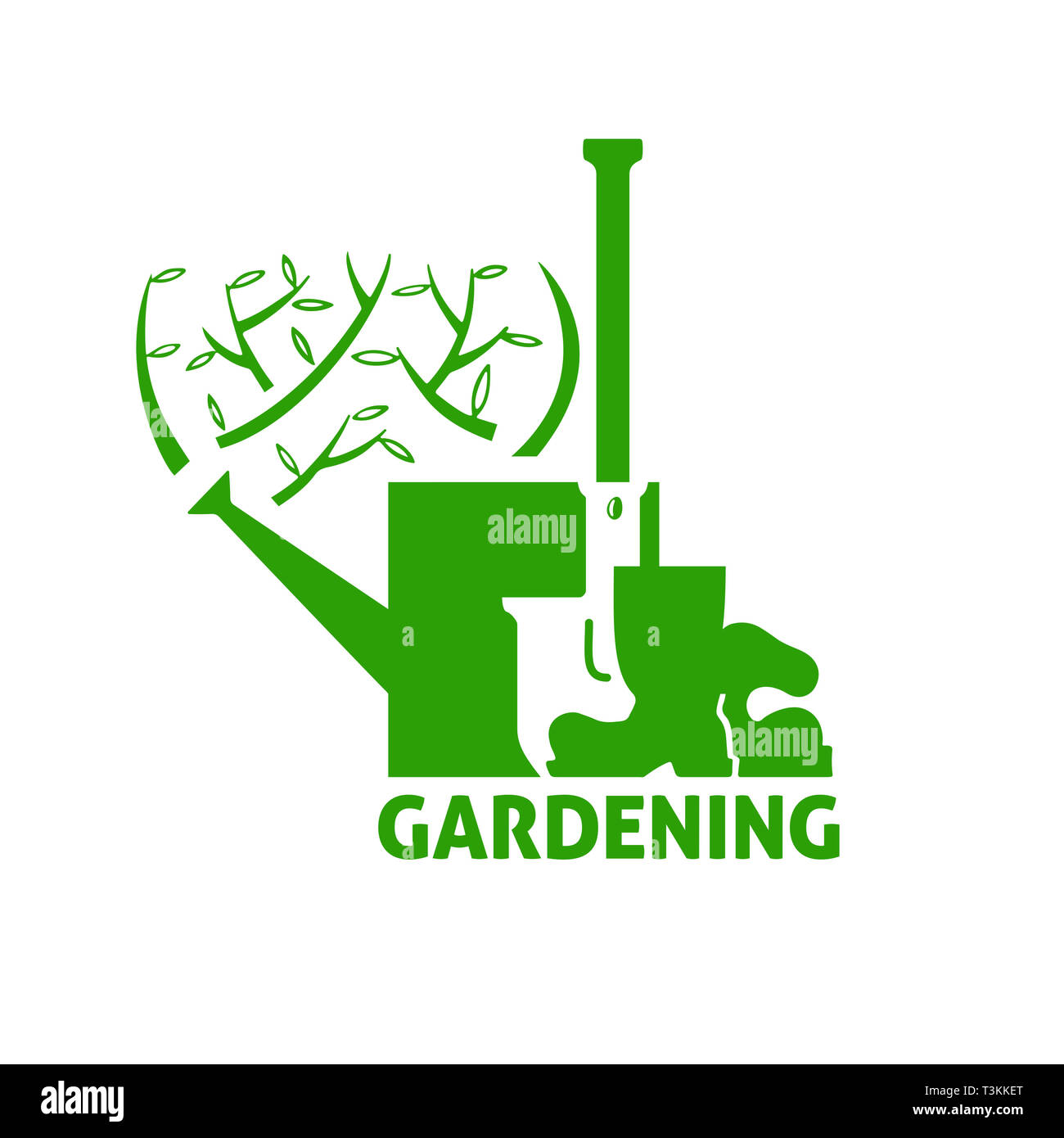 Gardening tools and growing plants. Watering can, shovel, boots. Vector illustration. Stock Photo