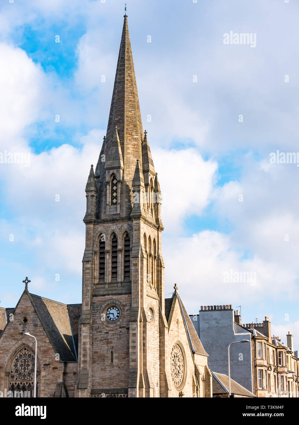 Spire of Victorian Pilrig St Paul’s Church of Scotland, French Gothic style by Peddie & Kinnear, Leith Walk, Edinburgh, Scotland, UK Stock Photo