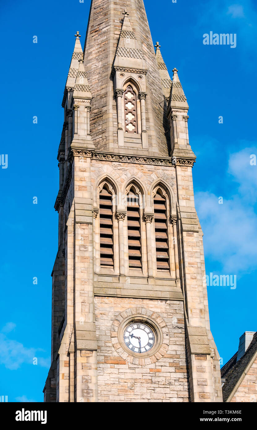 Spire of Victorian Pilrig St Paul’s Church of Scotland, French Gothic style by Peddie & Kinnear, Leith Walk, Edinburgh, Scotland, UK Stock Photo