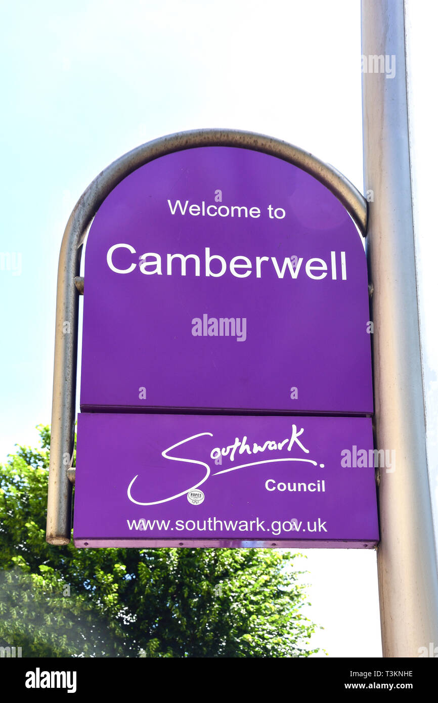 Welcome to Camberwell sign, Camberwell New Road, Camberwell, London Borough of Southwark, Greater London, England, United Kingdom Stock Photo