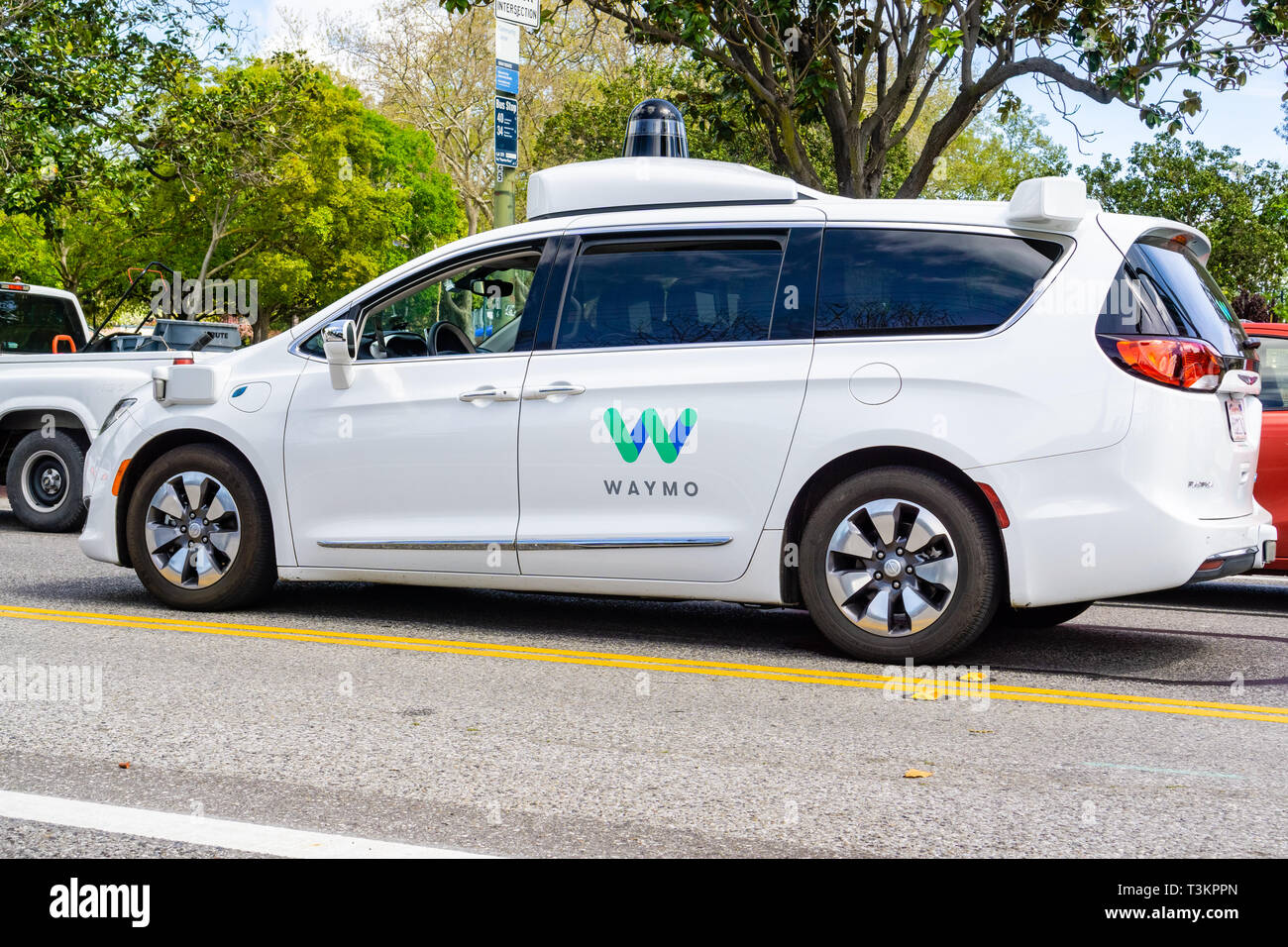 April 6, 2019 Mountain View / CA / USA - Waymo self driving car performing tests on a street near Google's headquarters, Silicon Valley Stock Photo