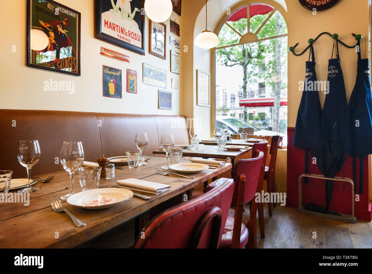 Lyon, France, May 03, 2018 : Style of life : Cute, typical and traditionnal retaurant in Lyon named 'Les Boulistes'Bouchon Lyonnais', at Croix-Rouse d Stock Photo