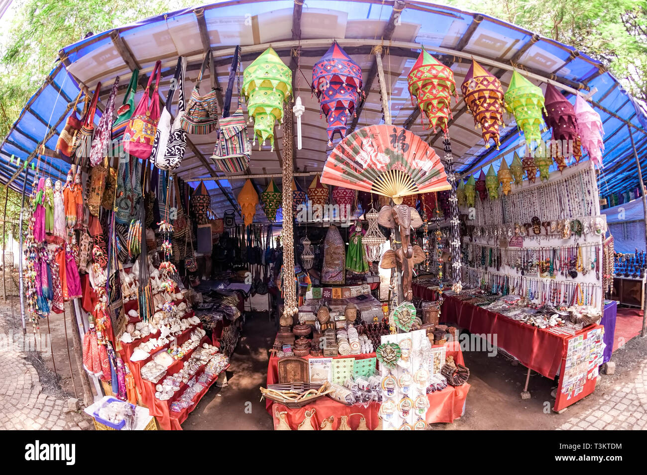 Mattancherry beach,Curio Shop,display of sea shells,chinesr lanterns,woodensmall,artifacts,Kerala dress,sari,serving,visitors,tourists,Kochi, Kerala,I Stock Photo