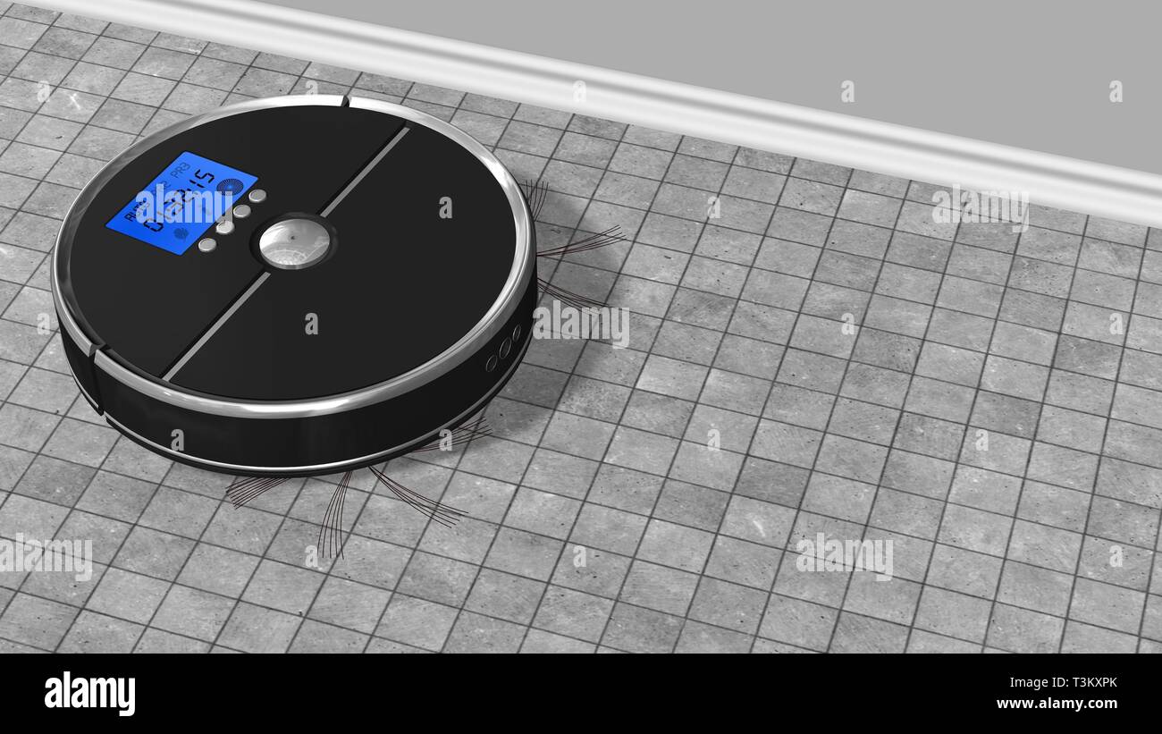 Automated robotic vacuum cleaner works on stone ground Stock Photo Alamy