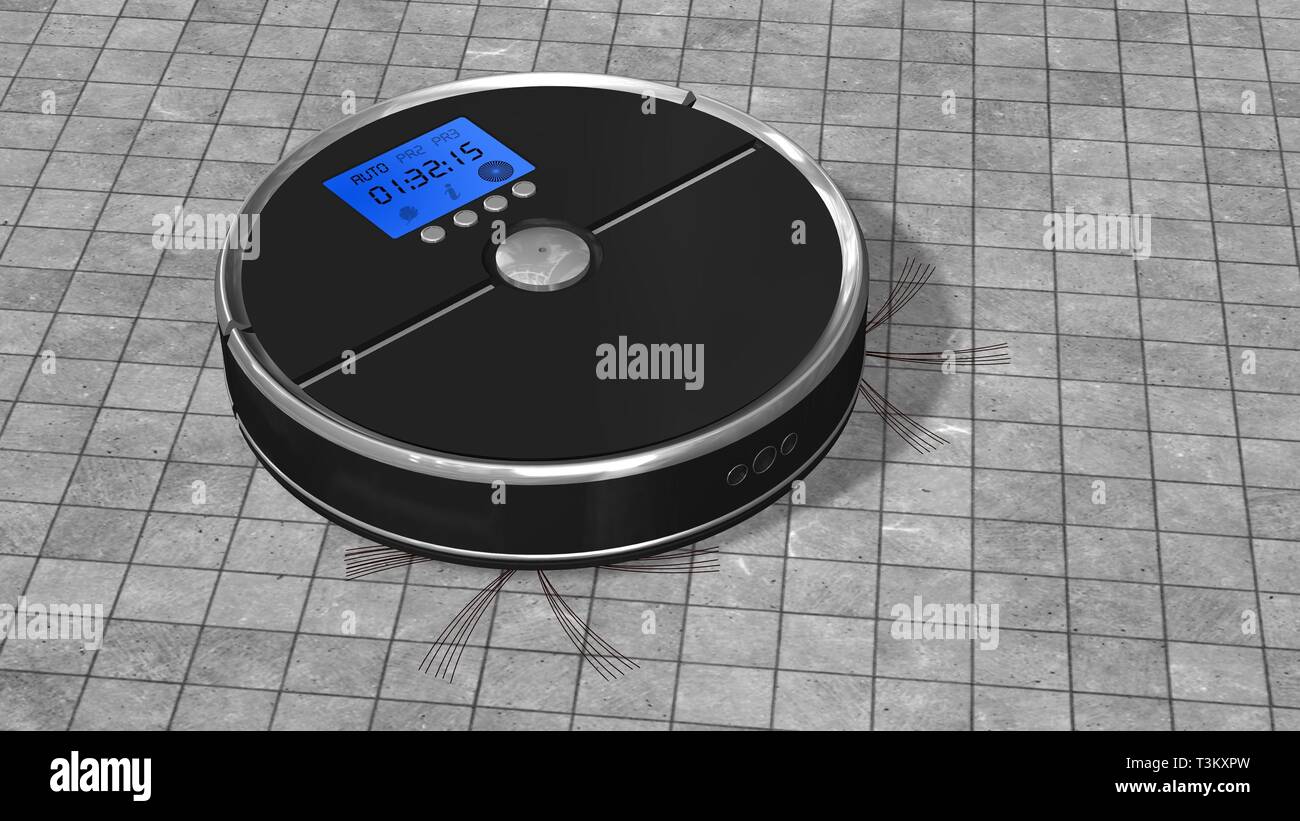 Automated robotic vacuum cleaner works on stone ground Stock Photo Alamy