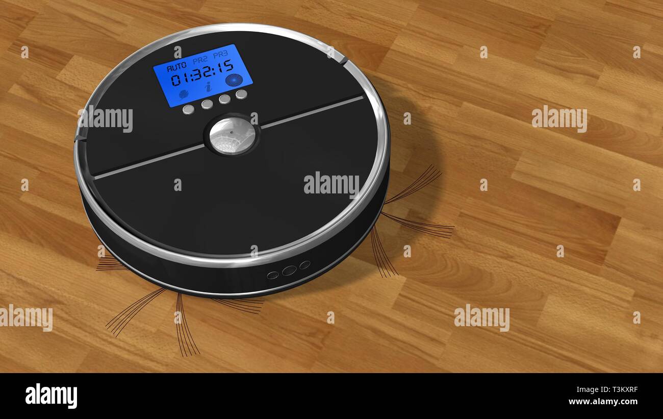 Automated Robotic Vacuum Cleaner Works On A Wooden Flooring Stock