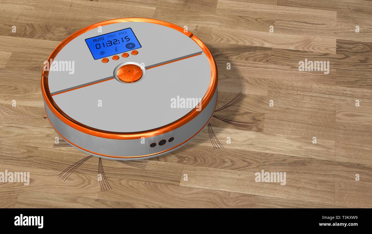 Automated Robotic Vacuum Cleaner Works On A Wooden Flooring Stock