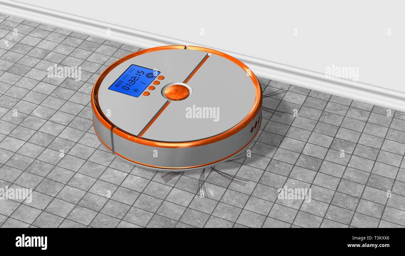 Automated robotic vacuum cleaner works on stone ground Stock Photo Alamy