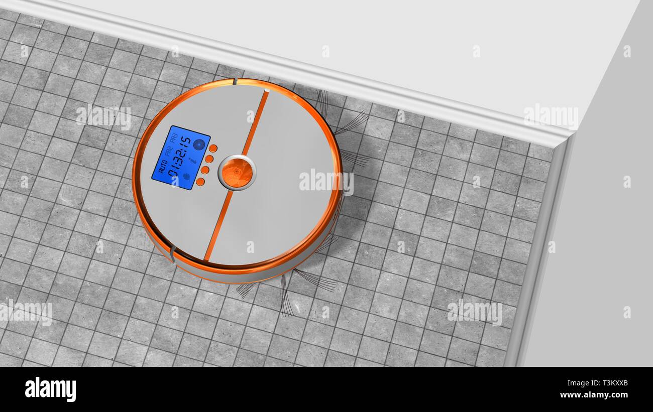 Automated robotic vacuum cleaner works on stone ground Stock Photo Alamy