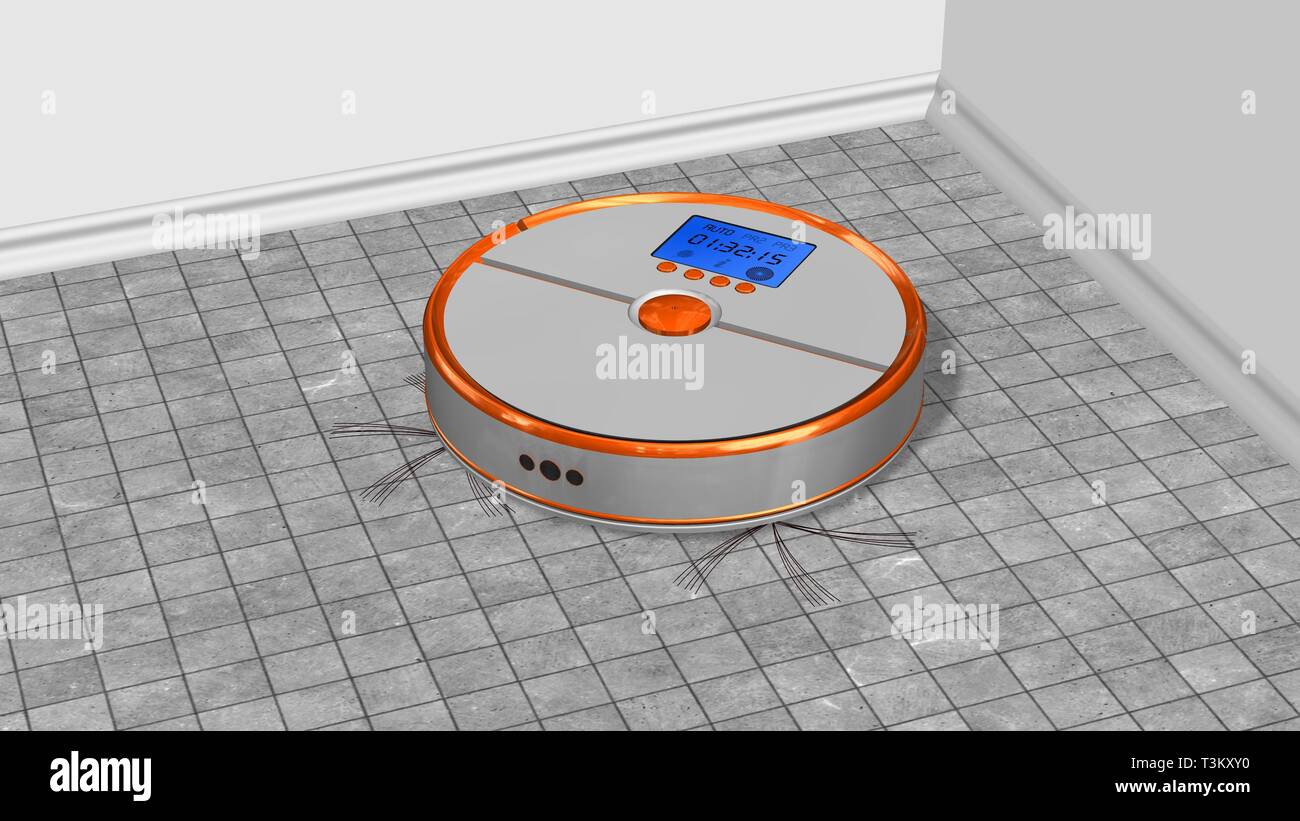 Automated robotic vacuum cleaner works on stone ground Stock Photo Alamy