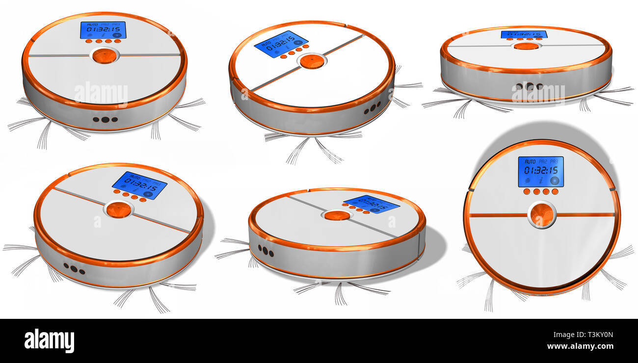 Set of automated robotic vacuum cleaner isolated on white. Stock Photo