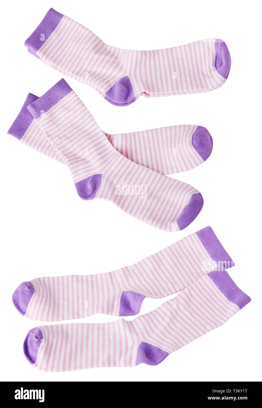 Pair of women's socks isolated on white background. Child's striped socks, white and pink socks Stock Photo