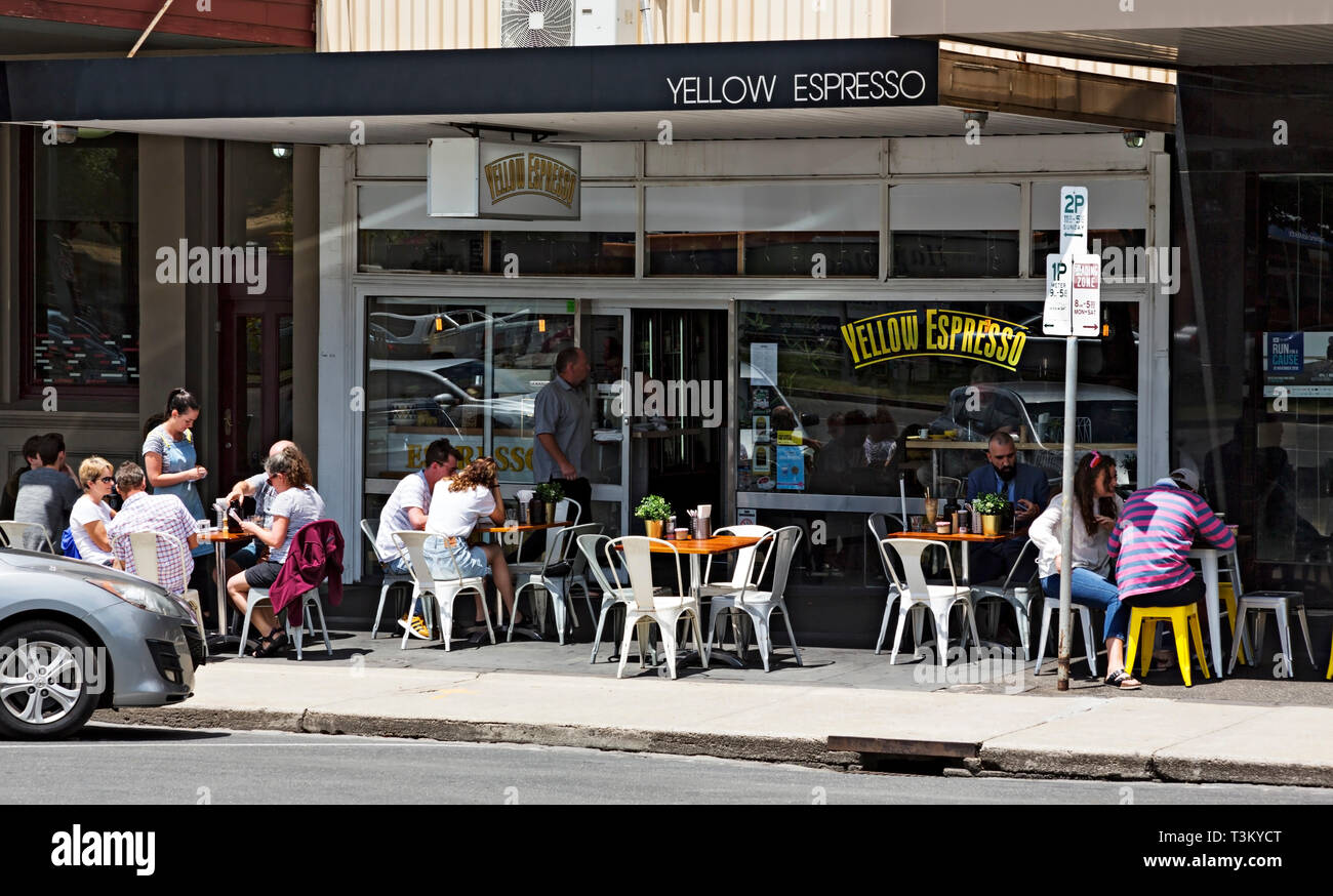 Ballarat Australia / The Ballarat Cafe and Restaurant scene is thriving, customers seated outside Yellow Espresso. Stock Photo