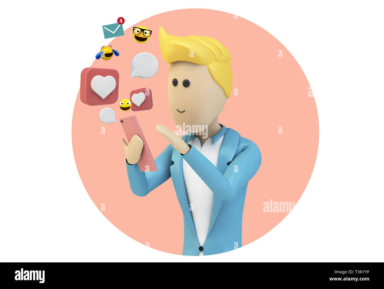 Male cartoon with blue suit character using smartphone isolated 3d rendering Stock Photo