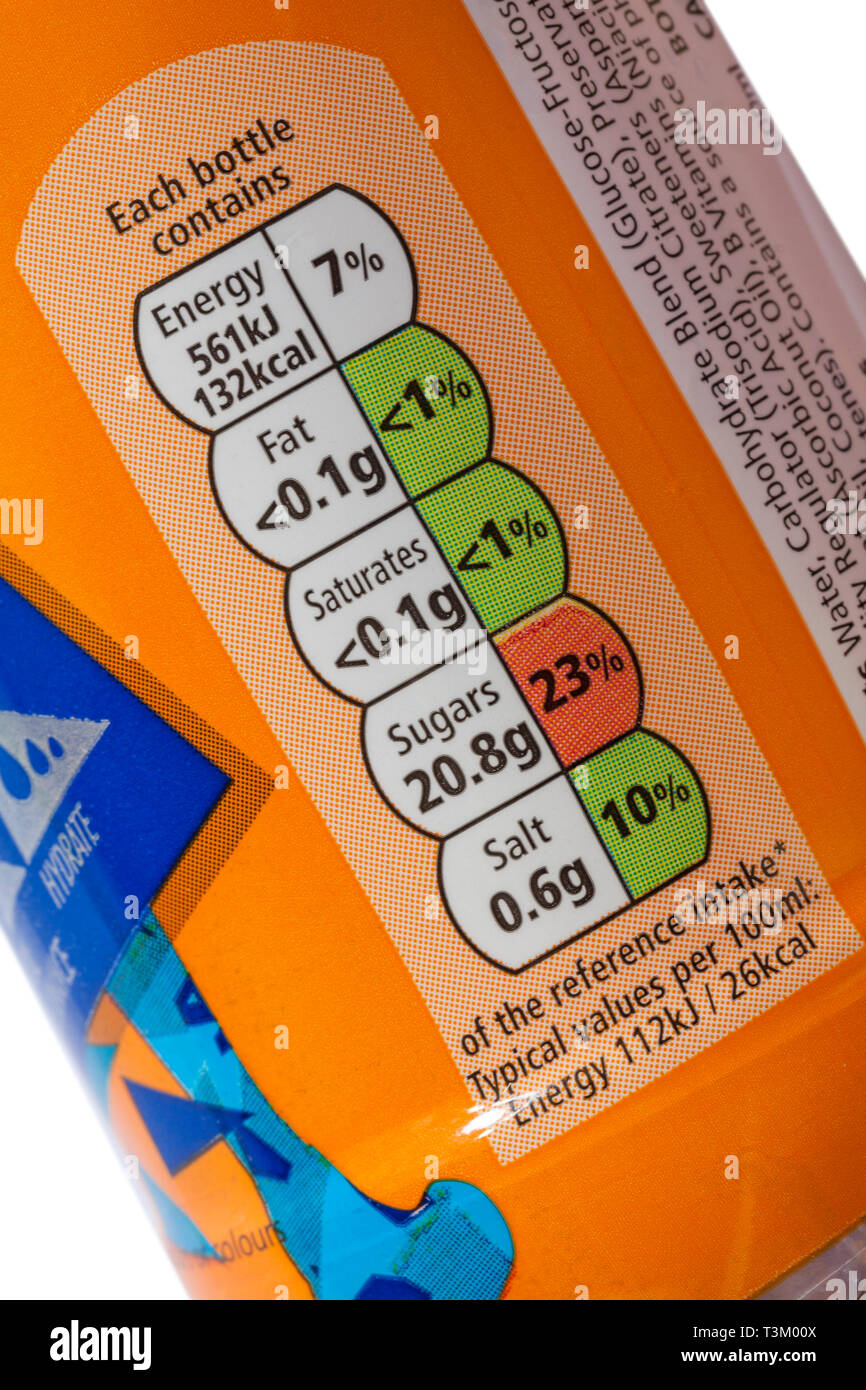 Nutritional information traffic light system labelling on bottle of drink Stock Photo