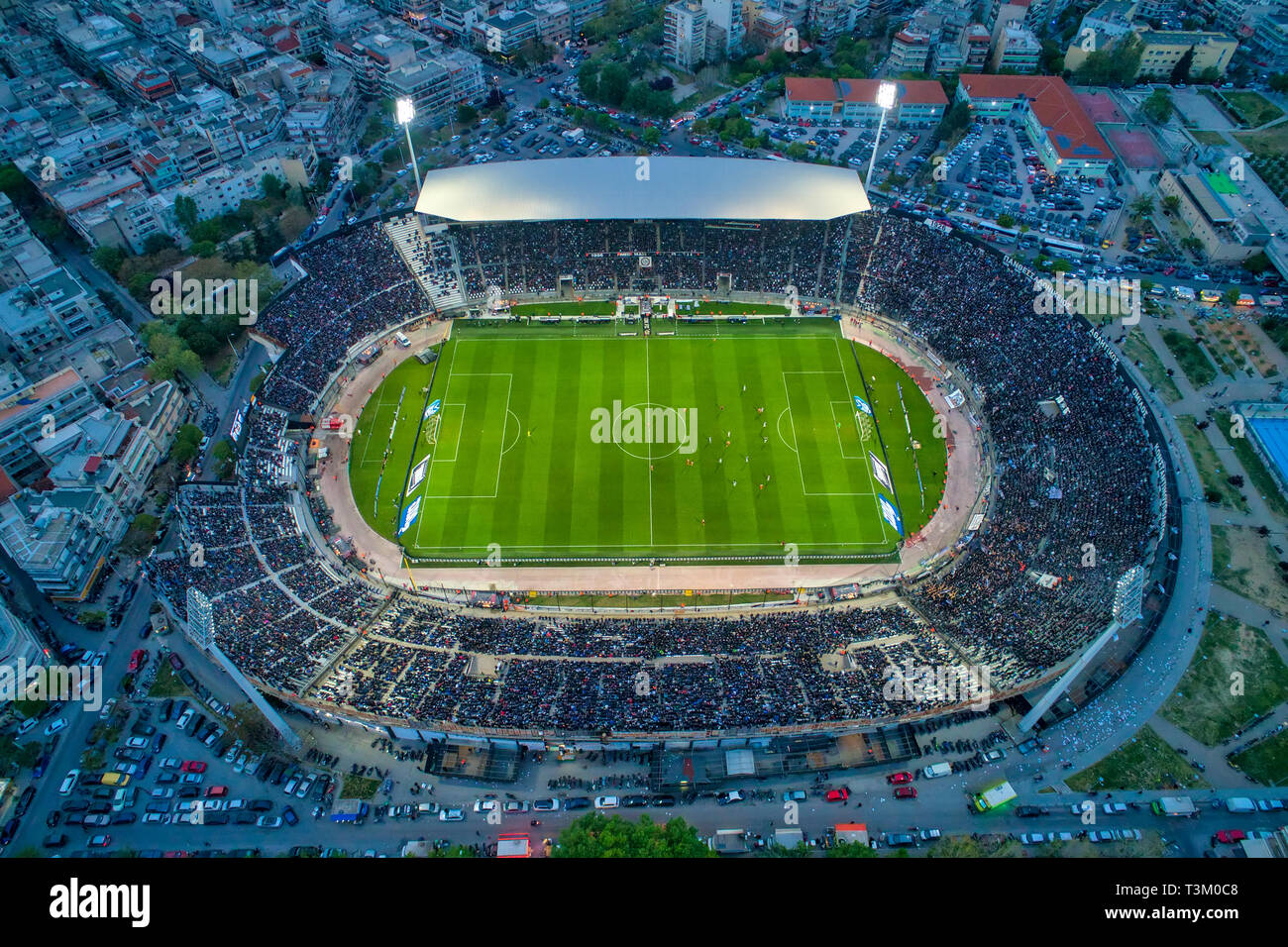 Thessaloniki, Greece, April 7, 2019: Aerial soot of the Toumba Stadium full  of fans during a football match for the championship between teams PAOK vs  Stock Photo - Alamy