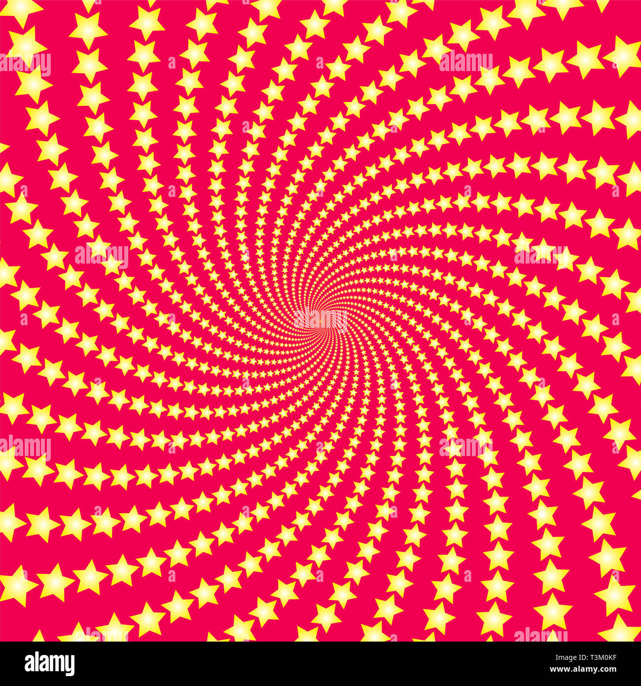 Spiral star pattern. Yellow shooting stars on red background. Twisted circular fractal illustration, powerful, dynamically, hypnotizing design. Stock Photo
