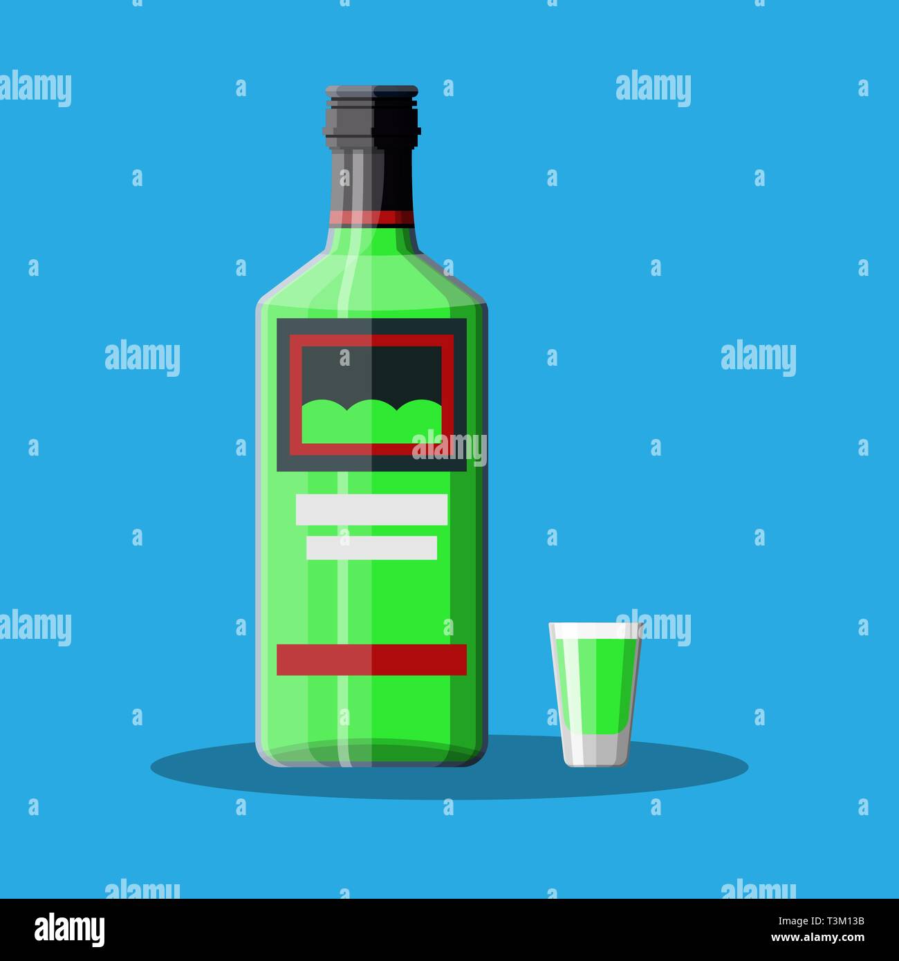 Absinthe alcohol liquor bottle on green splash background, vector bar drink  banner. Absinthe transparent glass bottle with green spill or drops flow,  alcohol liquor brand or product advertising poster Stock Vector Image