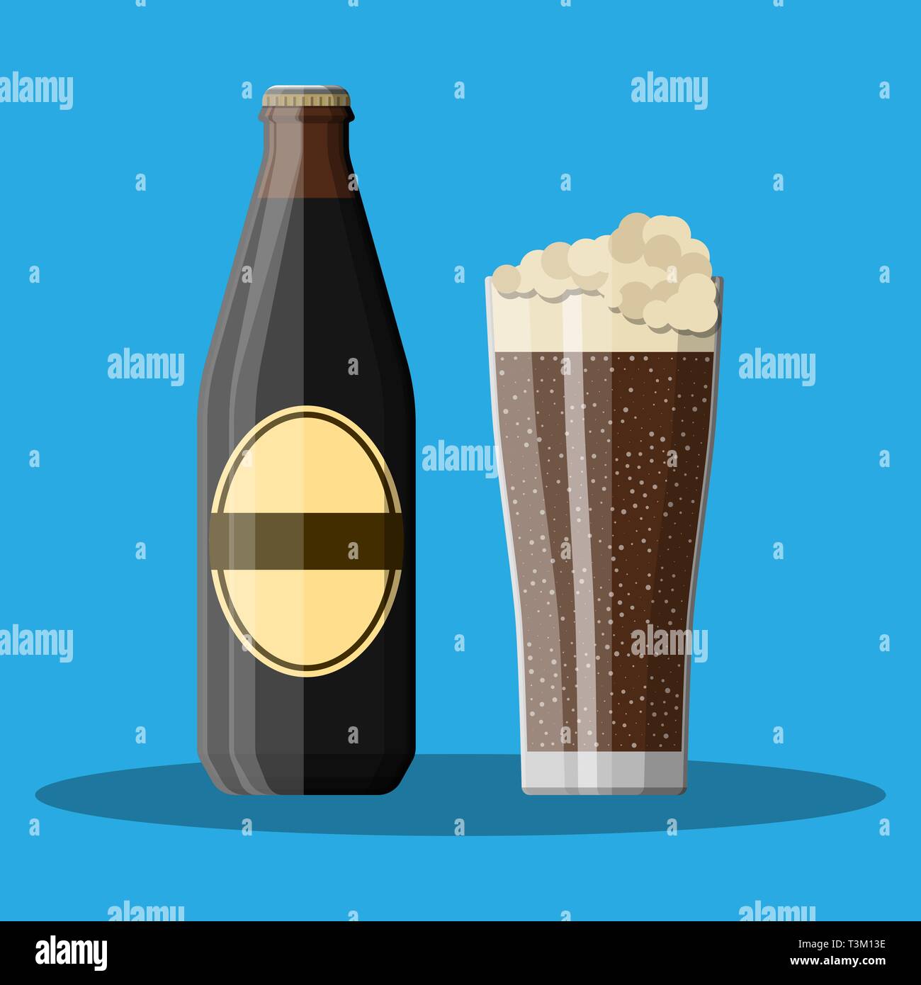 Bottle of dark stout beer with glass. Beer alcohol drink. Vector