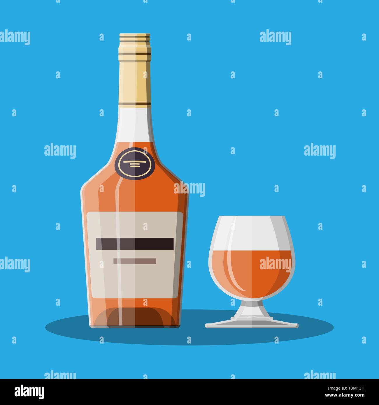 Cognac bottle and glass. Cognac alcohol drink. Vector illustration in