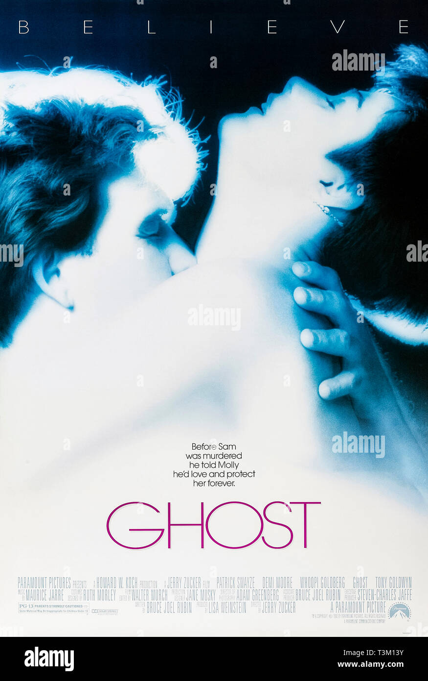 Ghost (1990) directed by Jerry Zucker and starring Patrick Swayze, Demi Moore and Whoopi Goldberg. Supernatural romance where a murdered young man returns to protect his lover with the help of a psychic. Stock Photo
