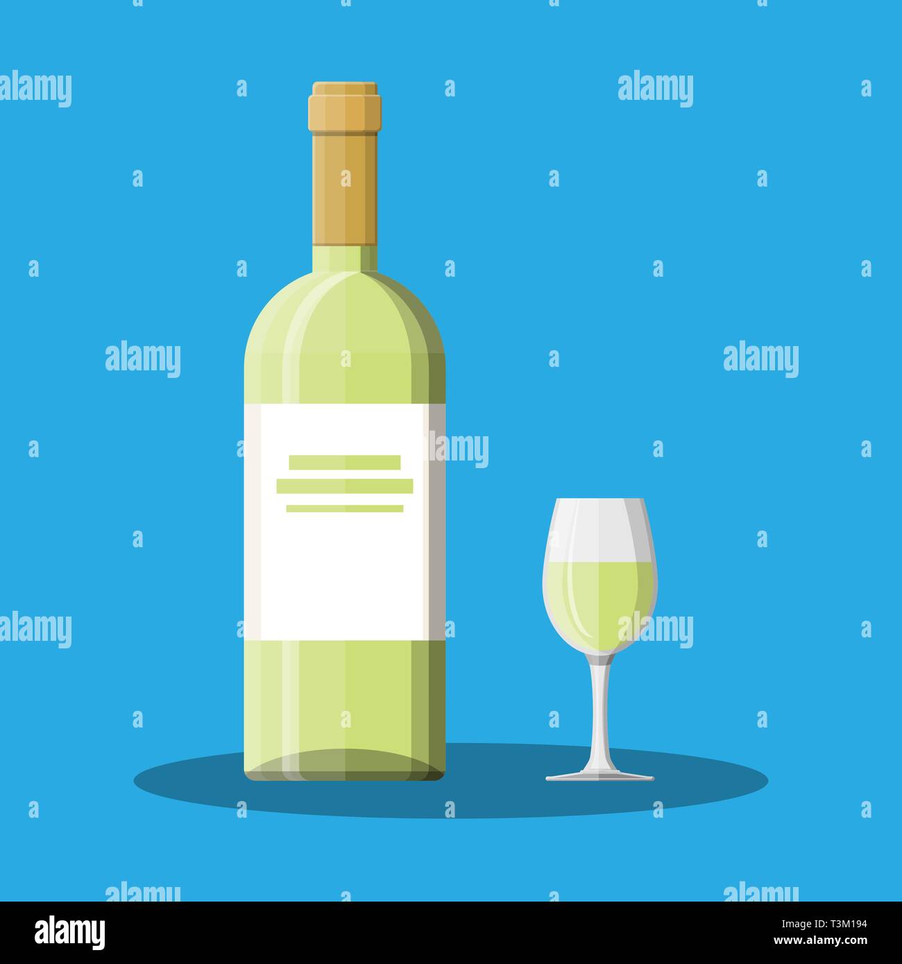 White wine bottle and glass. Wine alcohol drink. Vector illustration in