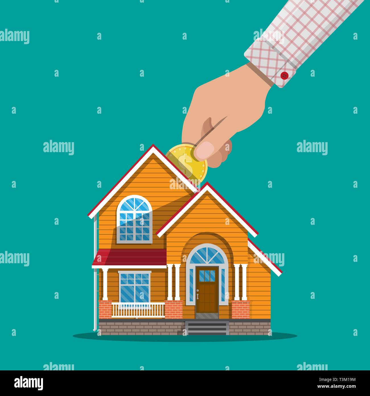 Hand Put Coin In Piggy Bank House Vector Illustration In Flat Style - hand put coin in piggy bank house vector illustration in flat style