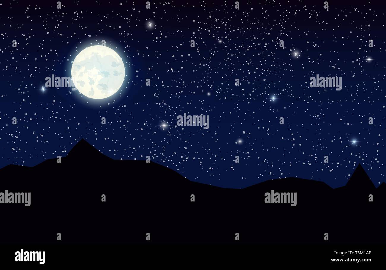 Space Landscape With Silhouette Mountains And Full Moon Sky With Stars Vector Illustration Stock Vector Image Art Alamy