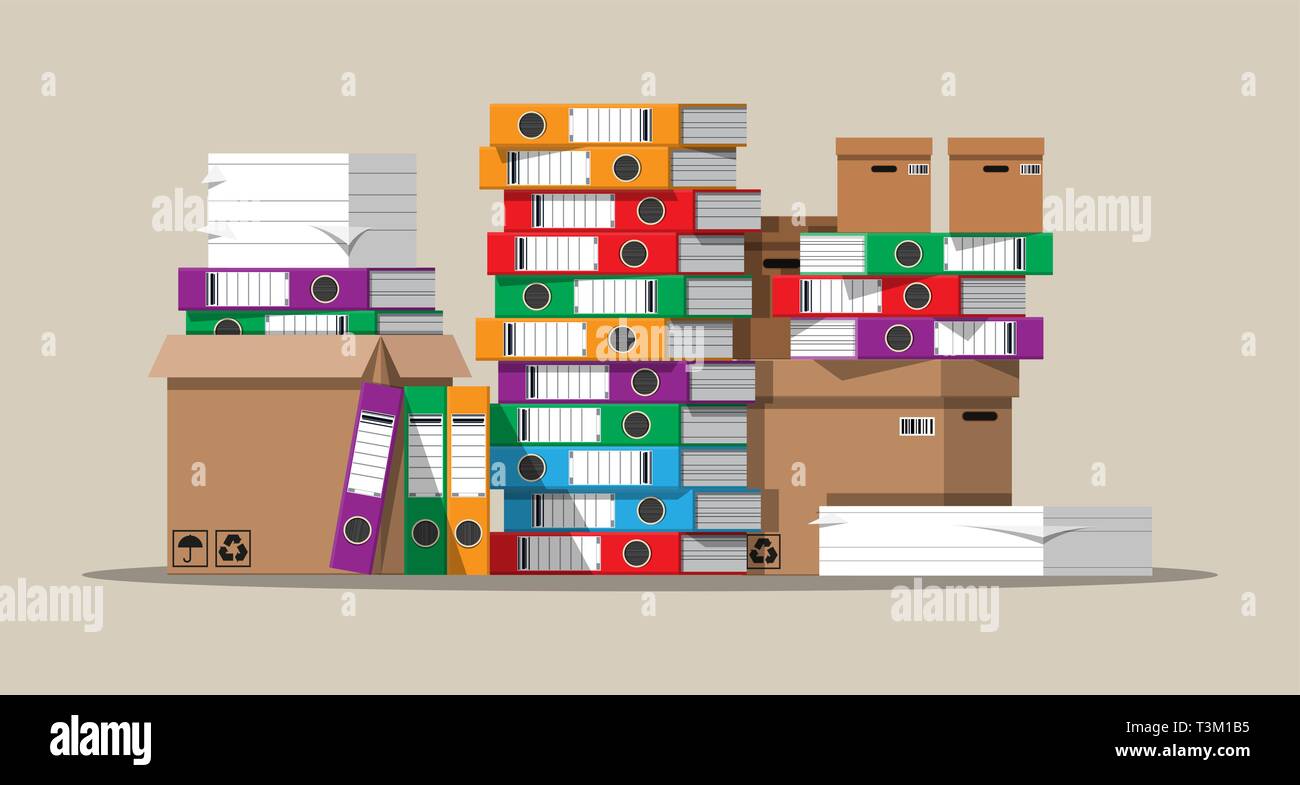 Pile of paper documents and file folders. Carton boxes. Bureaucracy, paperwork, office. Vector illustration in flat style Stock Vector