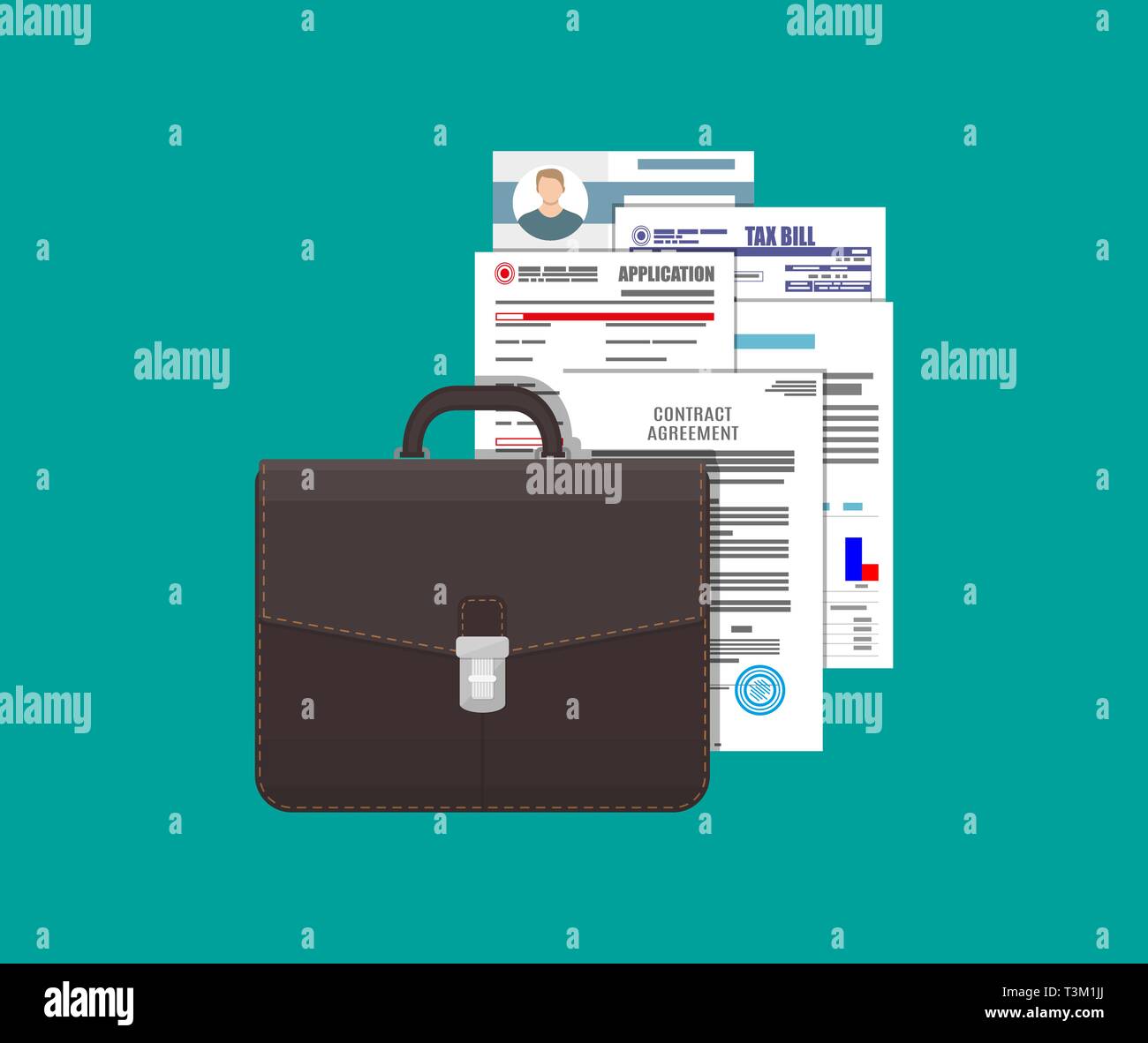 Leather business briefcase and pile of various documents sheet. Office