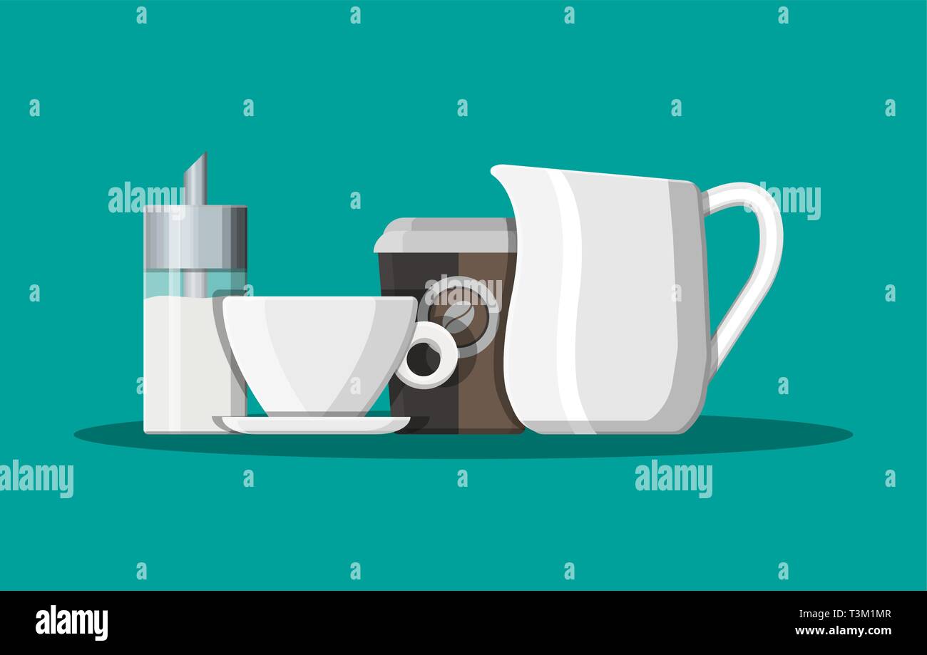 Coffee on saucer, milk jug, sugar dispenser and paper coffee cup