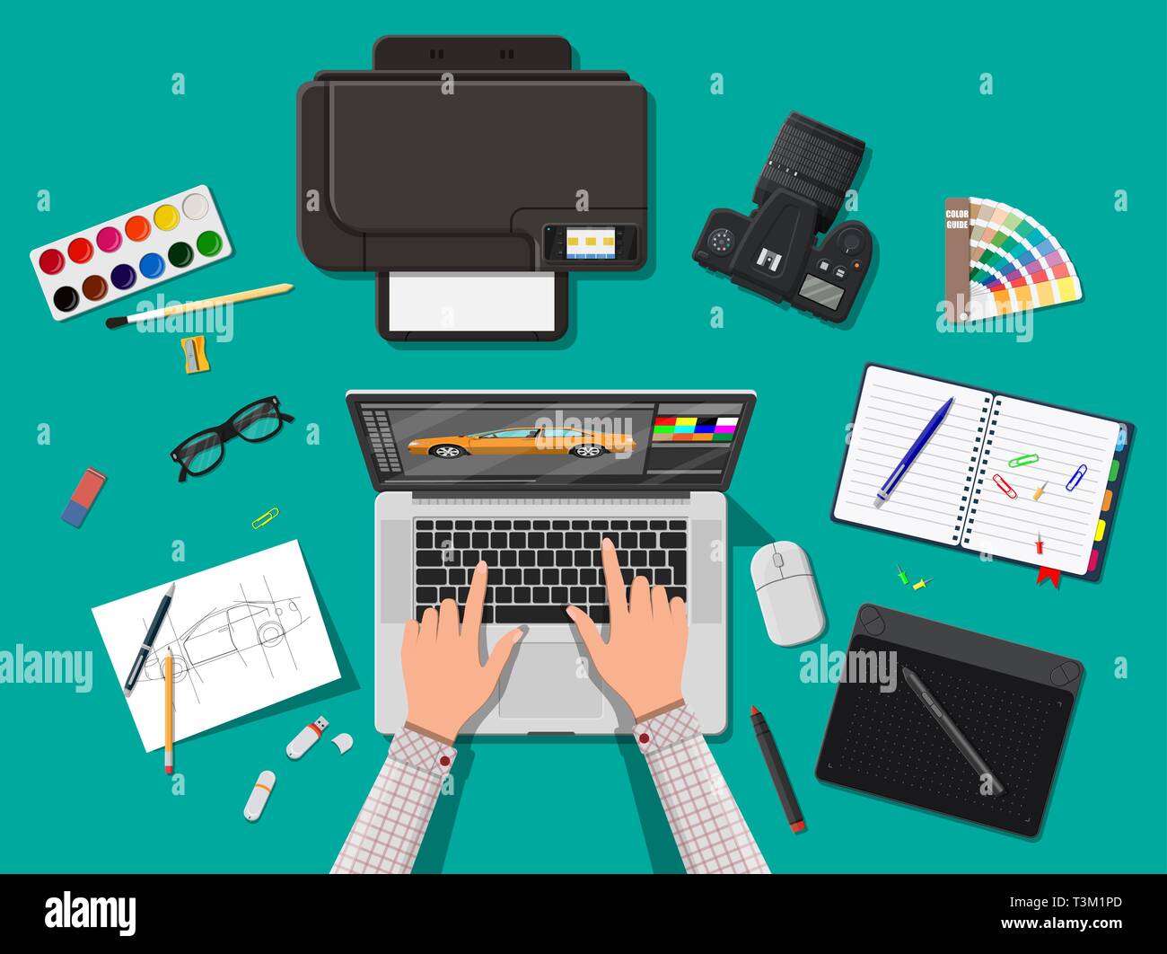 Designer Workplace Illustrator Desktop With Tools Laptop Pc Photo Camera Mouse Glasses Notes Pen Printer Sketch On Paper Blank Hands Work Gr Stock Vector Image Art Alamy