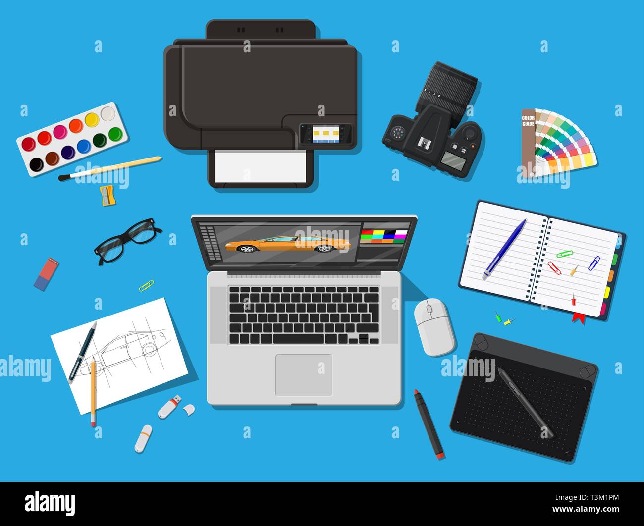 Designer Workplace Illustrator Desktop With Tools Laptop Pc Photo Camera Mouse Glasses Notes Pen Printer Sketch On Paper Blank And Graphic Ta Stock Vector Image Art Alamy
