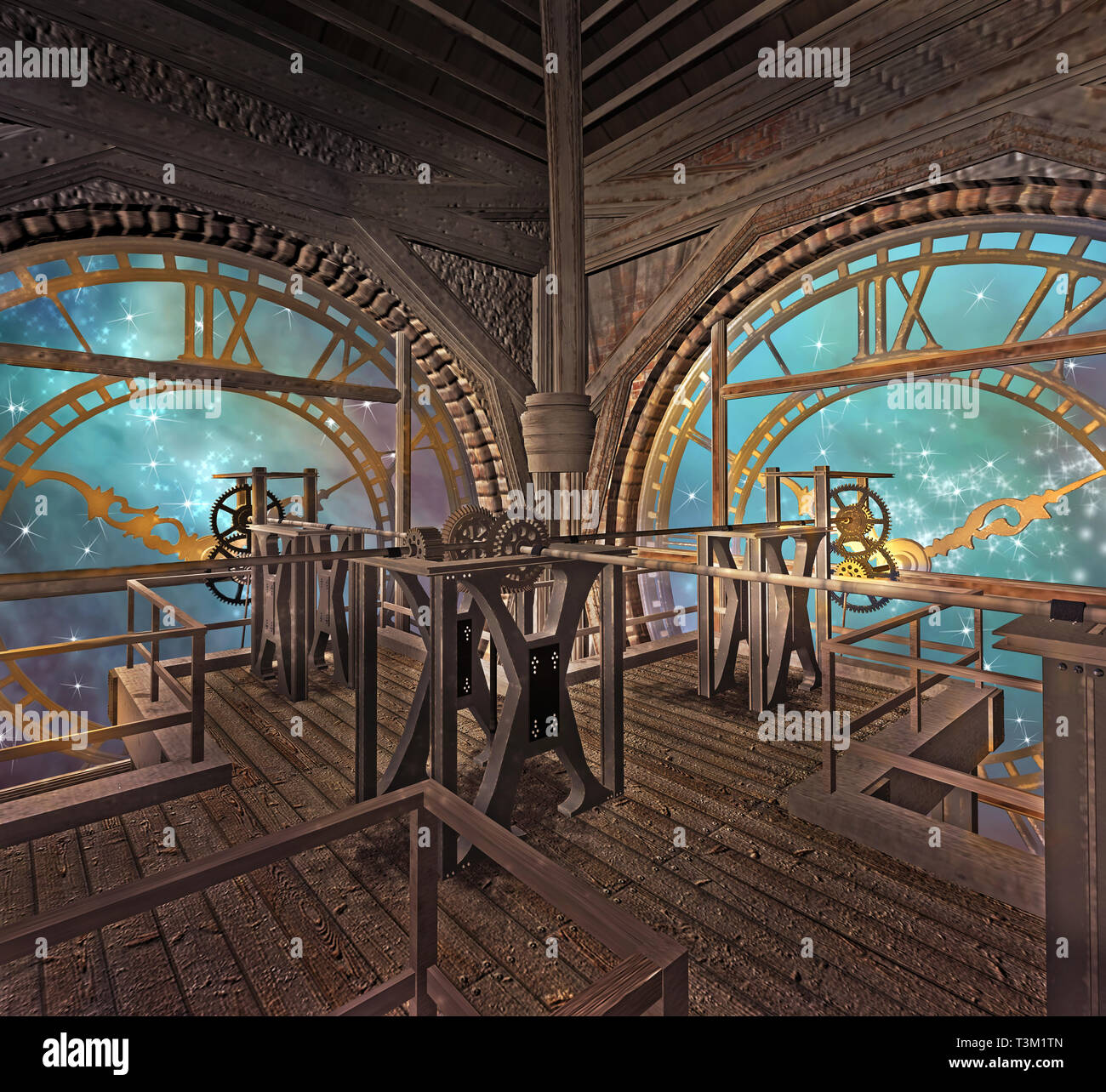Golden Clocks In A Steampunk Room With A View To A Magic
