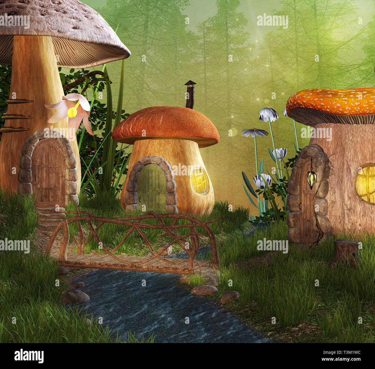 Enchanted elf village with mushrooms houses Stock Photo