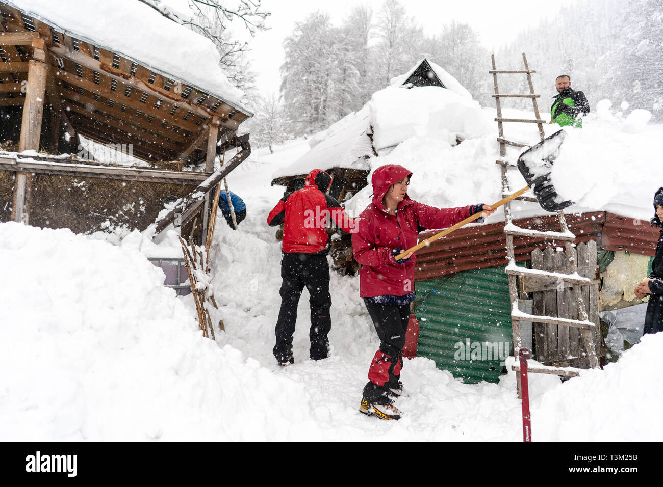 Hikers volunteered to help shoveling the snow at a isolated monastery located on the main trail at 1400m altitude in Retezat National Park, Romania, Stock Photo