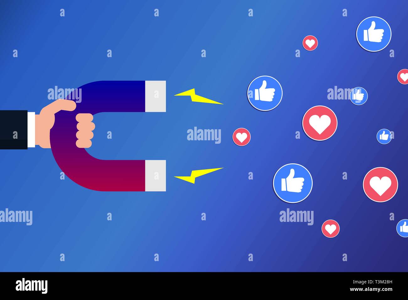 Hand with a magnet attracting likes and hearts. Social media marketing concept. Popularity on social networks. Influencer. Vector illustration, flat. Stock Vector