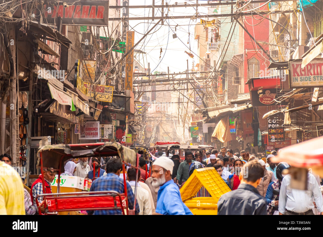 Old Delhi, India, Mar 29 2019 Overcrowded street in old town with