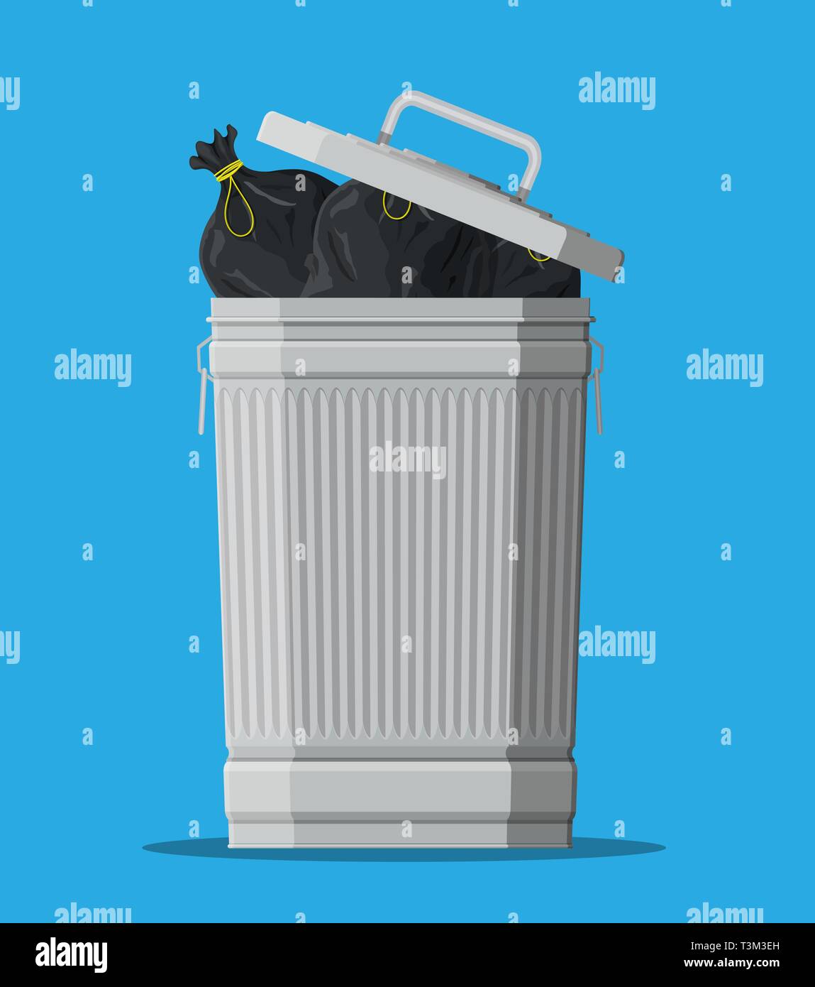 Huge waste trash can isolated on blue. Bin full of plastic bags with