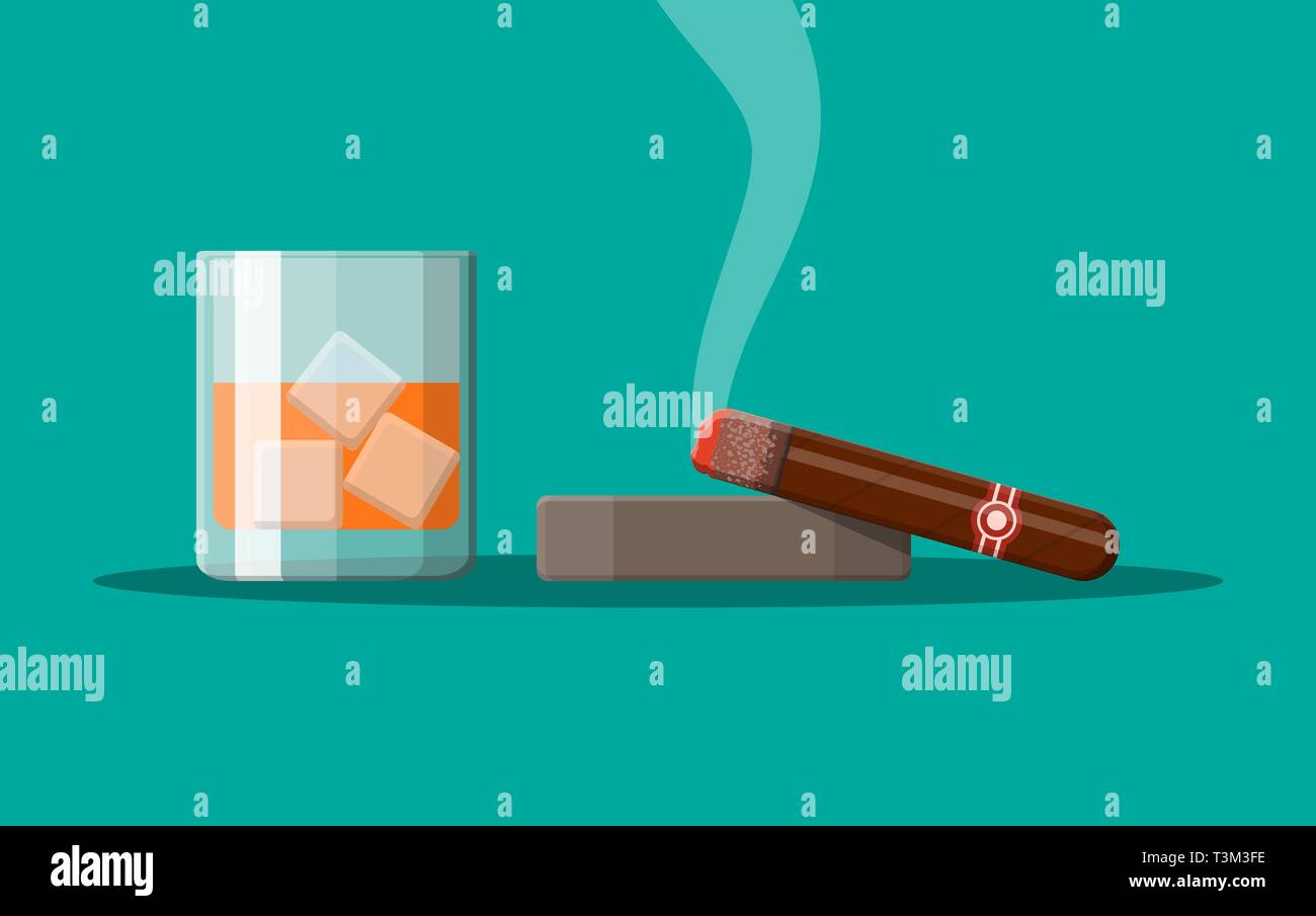 Glass of whiskey with cigar and ashtray. Premium alcohol, tobacco. Bourbon alcoholic drink