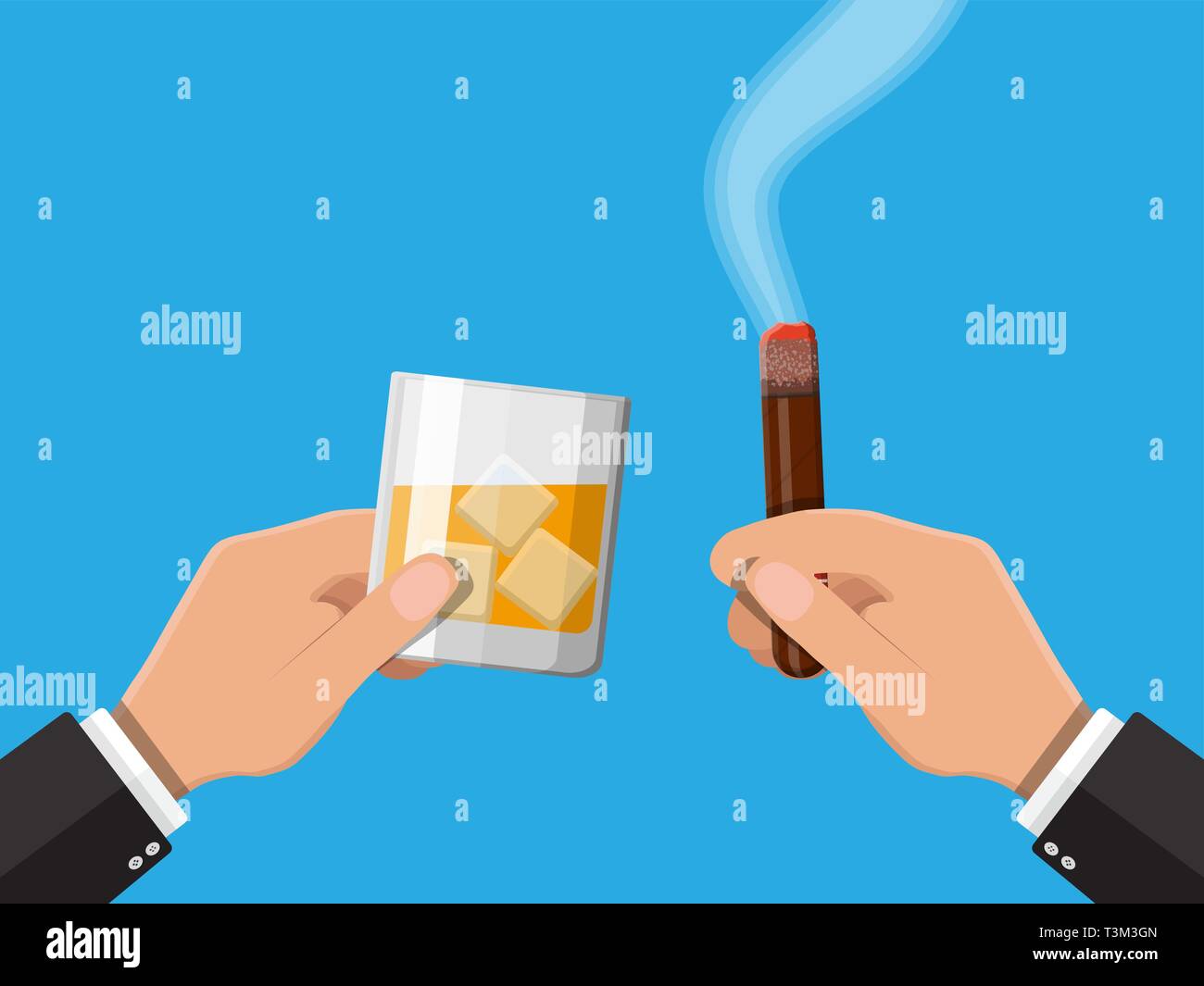 Glass of whiskey with cigar in hand. Premium alcohol, tobacco. Bourbon alcoholic drink, smoking