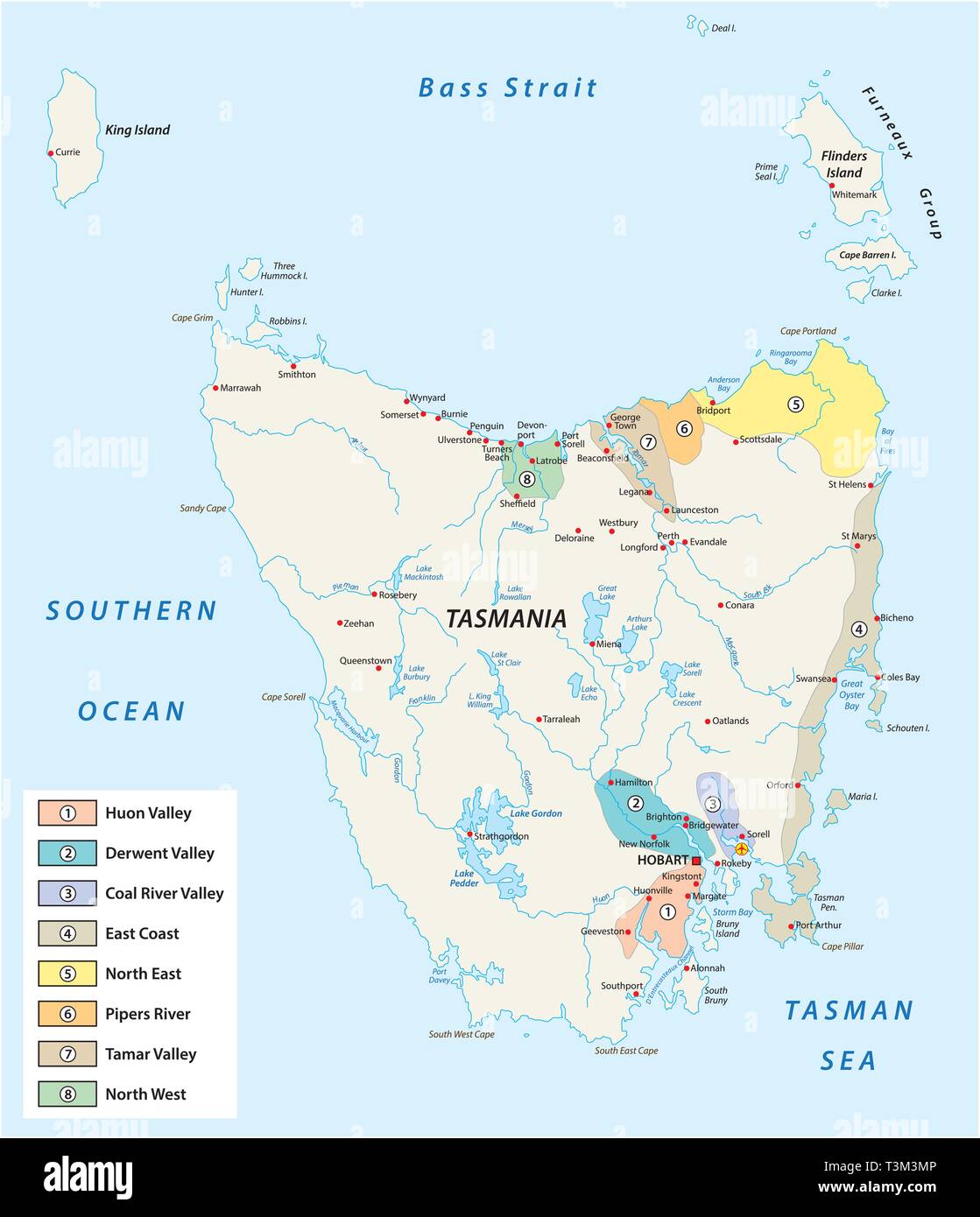 tasmania wine regions and vineyards vector map Stock Vector