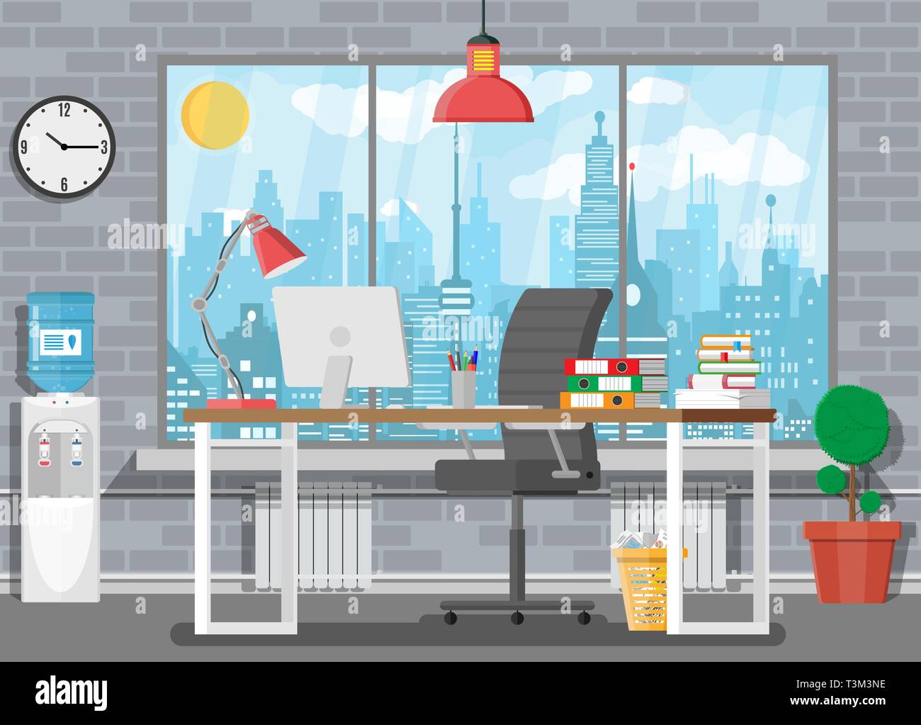 Office Building Interior Desk With Computer Chair Lamp