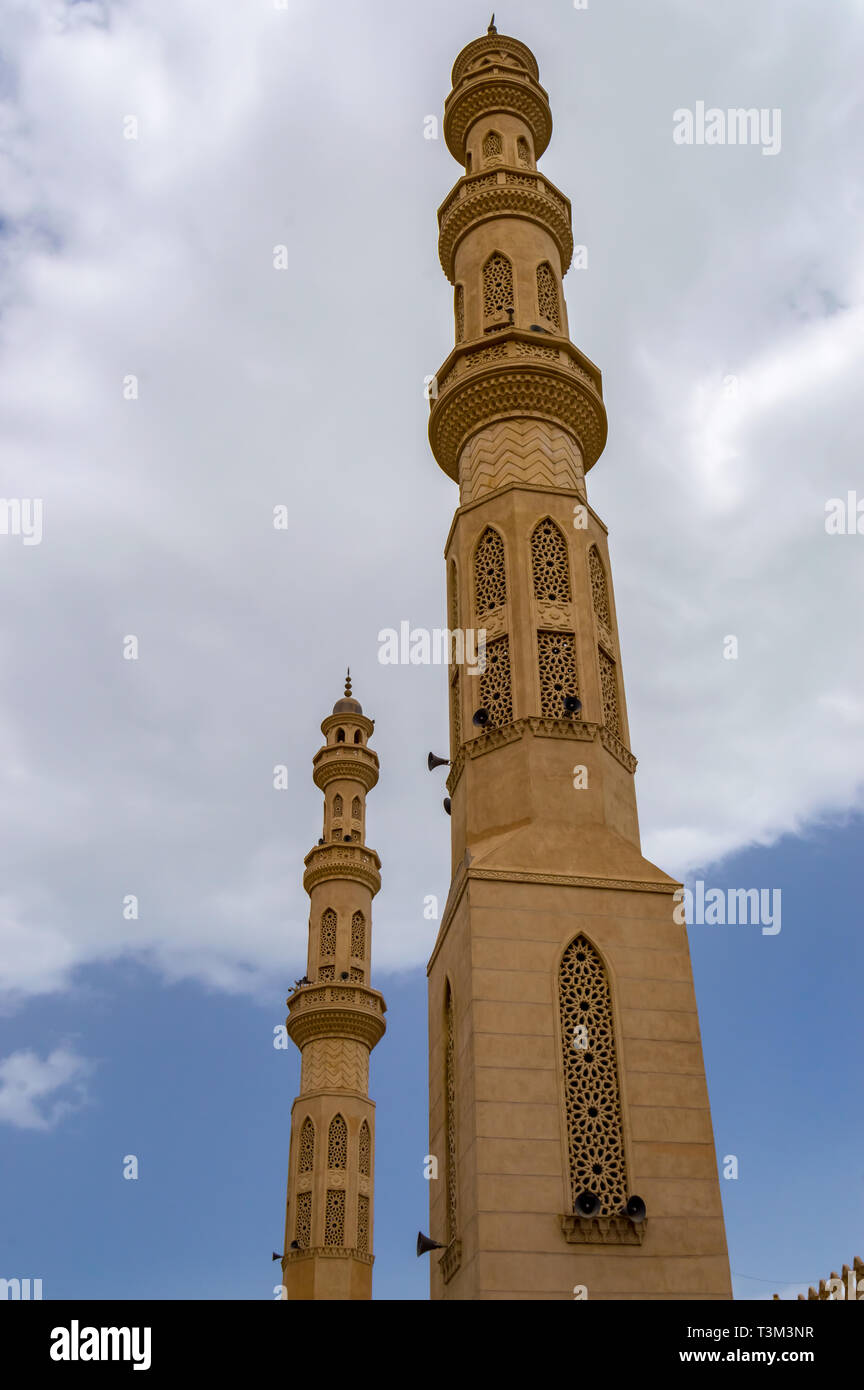 View of the minarets of the Al Mina Masjid Mosque in the port city of Hurghada in Egypt Stock Photo