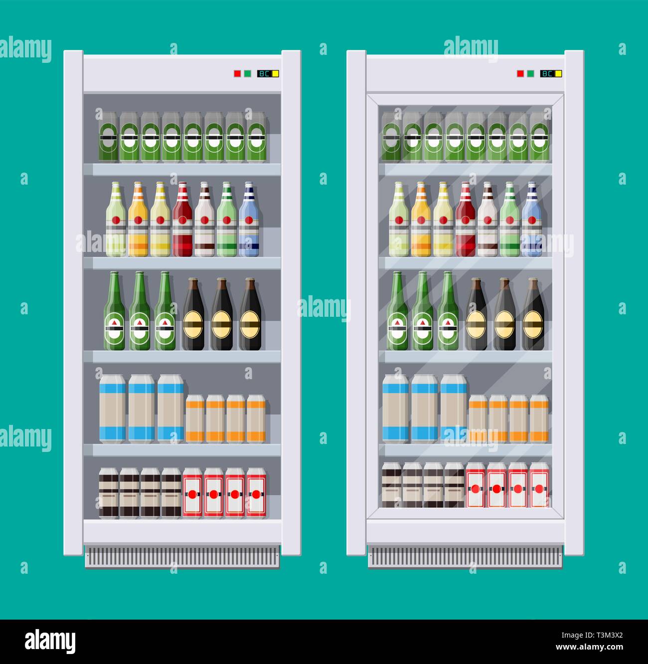 Showcases refrigerators for cooling drinks in bottles and cans. Different colored bottles and cans with juice soda and beer in fridges. Cooling machin Stock Vector